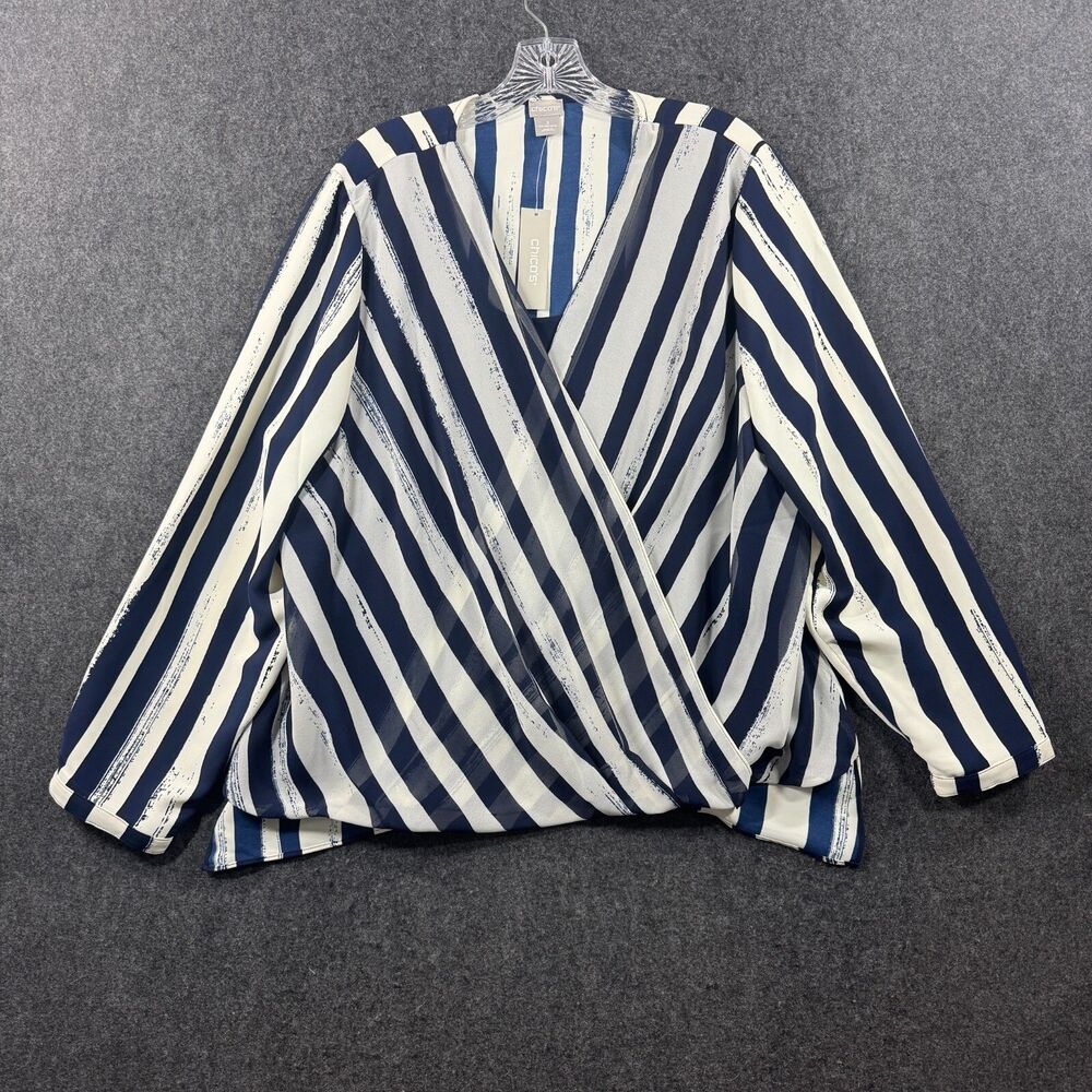 Chico's Surplice Blouse Women's 3 16-18 Blue White Brushed Stripe Print Woven